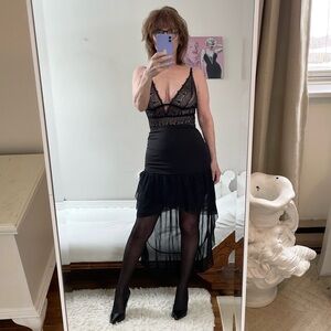 NWT BLACK CHIFFON MESH SHEER HIGH LOW SKIRT STRETCH WAIST RUCHED HIPS FLOUNCED